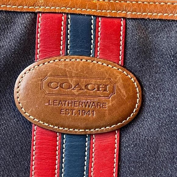 Coach Signature Stripe Tote Bag – Red & Navy with Tan Leather Trim - Picture 4 of 6